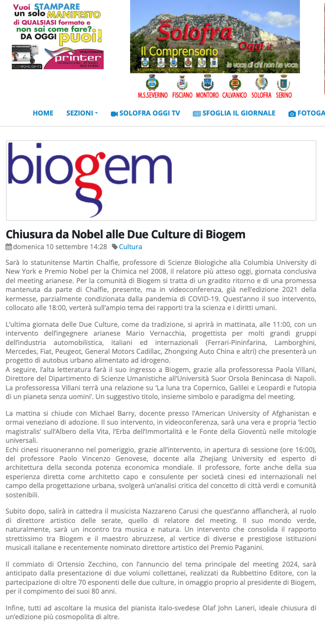 Chiusura da Nobel alle Due Culture di Biogem - Solofra Oggi